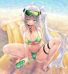 Rule 34 | 1girl, absurdres, ahoge, air mattress, barefoot, bikini, breasts, cameltoe, cleavage, commission, feet, green bikini, green eyes, grey hair, hair ornament, highres, indie virtual youtuber, kiyama satoshi, large breasts, legs, long hair, looking at viewer, lotion, micro bikini, partially visible vulva, rimuchi (vtuber), side ponytail, skeb commission, smile, solo, spread legs, squatting, suggestive fluid, swimsuit, thigh strap, tiptoes, toenails, toes, tongue, tongue out, virtual youtuber