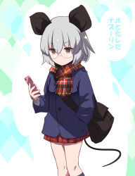 Rule 34 | 1girl, alternate costume, animal ears, bag, bespectacled, black socks, blue background, blue jacket, cellphone, commentary request, contemporary, feet out of frame, glasses, green eyes, grey hair, hand in pocket, holding, holding phone, jacket, kneehighs, long sleeves, mouse ears, mouse tail, nazrin, otoufu (wddkq314band), phone, plaid, plaid scarf, plaid skirt, red eyes, red scarf, red skirt, scarf, short hair, shoulder bag, skirt, smartphone, socks, solo, tail, touhou, translation request