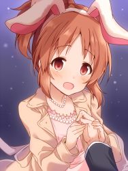 Rule 34 | 1girl, :d, abe nana, animal ears, blush, brown coat, brown hair, rabbit ears, coat, dress, fake animal ears, fingernails, hairband, head tilt, high ponytail, hand grab, idolmaster, idolmaster cinderella girls, jewelry, long sleeves, necklace, omuretsu, open clothes, open coat, open mouth, out of frame, pearl necklace, pink dress, ponytail, red eyes, sidelocks, signature, sleeves past wrists, smile, solo focus, white hairband