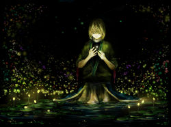 Rule 34 | 1girl, ameme, black background, black shirt, black skirt, blonde hair, blouse, brown shirt, closed mouth, commentary request, cowboy shot, expressionless, fireflies, glowing, glowing petals, green eyes, lily pad, looking down, mizuhashi parsee, petals, scarf, shirt, short hair, short sleeves, skirt, solo, touhou, undershirt, wading, water, white scarf
