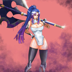 Rule 34 | 1girl, absurdres, after battle, artist request, axe, bare shoulders, battle axe, blue hair, breasts, cleavage, cleft of venus, curvy, dress, gloves, hand on own hip, high ponytail, highres, hime cut, holding, holding weapon, large breasts, long hair, looking at viewer, pelvic curtain, red eyes, shiny clothes, shiny skin, short dress, solo, standing, taimanin (series), taimanin asagi, taimanin murasaki, upper body, very long hair, weapon, yatsu murasaki