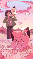 Rule 34 | 1boy, absurdres, belt, blush, brown-framed eyewear, brown hair, building, clefairy, closed mouth, cloud, collared shirt, commentary, commission, creatures (company), english commentary, field, flower, flower field, full body, game freak, gen 1 pokemon, glasses, green jacket, highres, jacket, long sleeves, magicact, nintendo, on shoulder, open clothes, open jacket, open mouth, original, outdoors, pants, petals, pink clouds, pink flower, pokemon, pokemon (creature), pokemon on shoulder, psyduck, shirt, short hair, smile, standing, sun, sunset