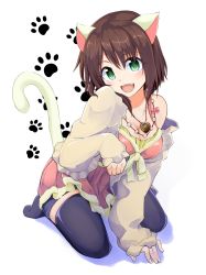 Rule 34 | 10s, 1girl, :d, animal ears, black thighhighs, blush, breasts, brown hair, cat ears, cat tail, cleavage, fang, full body, green eyes, head tilt, highres, idolmaster, idolmaster cinderella girls, jacket, jewelry, kazenoko, long hair, looking at viewer, maekawa miku, necklace, no shoes, off shoulder, open mouth, paw pose, paw print, pendant, ribbon, short hair, shorts, sitting, sleeves past wrists, smile, solo, tail, thighhighs, white background