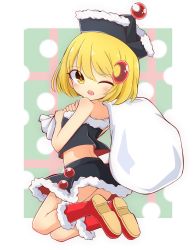 Rule 34 | 1girl, ;d, alternate costume, bare arms, bare shoulders, black skirt, blonde hair, blush, carrying, commentary request, crescent, crescent pin, from side, full body, hat, highres, inon, looking at viewer, lunasa prismriver, midriff, one eye closed, open mouth, red footwear, sack, shoes, short hair, skirt, smile, solo, touhou, yellow eyes