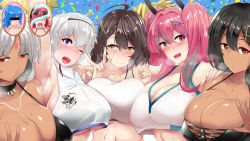 Rule 34 | 6+girls, :d, ;d, ahoge, armpits, arms up, azur lane, baltimore (azur lane), baltimore (black ace) (azur lane), bare shoulders, bikini, bikini top only, black bra, black choker, black hair, black hairband, black ribbon, blue background, blue hair, blush, body markings, bra, braid, breast press, breasts, breasts squeezed together, bremerton (azur lane), bremerton (scorching-hot training) (azur lane), brown eyes, brown hair, censored, cheerleader, choker, cleavage, collarbone, commentary request, confetti, crop top, crop top overhang, dark-skinned female, dark skin, dress, eagle union (emblem), eyewear on head, facial mark, forehead mark, french braid, grey hair, hair between eyes, hair intakes, hair ornament, hair ribbon, hairband, hairclip, hands on another&#039;s shoulders, hands up, highres, holding, holding pom poms, honolulu (azur lane), honolulu (summer accident?!) (azur lane), hose, huge breasts, identity censor, jewelry, long hair, looking at viewer, massachusetts (azur lane), midriff, mizuyan, multicolored hair, multiple girls, native american, navel, no mole, not present, one eye closed, open mouth, parted hair, pink eyes, pink hair, pom pom (cheerleading), pom poms, purple eyes, red eyes, red hair, reno (azur lane), reno (biggest little cheerleader) (azur lane), ribbon, see-through, shirt, short hair, side-by-side, side ponytail, sidelocks, silver dress, sleeveless, sleeveless shirt, smile, south dakota (azur lane), sports bra, sportswear, st. louis (azur lane), st. louis (luxurious wheels) (azur lane), standing, steam, streaked hair, sunglasses, sweat, swimsuit, symmetrical docking, tennis uniform, twintails, two-tone shirt, underboob, underwear, upper body, v, white sports bra, x hair ornament, yellow eyes