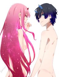 Rule 34 | 10s, 1boy, 1girl, ass, black hair, blue eyes, blue horns, breasts, closed eyes, commentary, couple, darling in the franxx, english commentary, hetero, highres, hiro (darling in the franxx), horns, long hair, medium breasts, nude, oni horns, pink hair, red horns, short hair, signature, spoilers, very long hair, xdarknex, zero two (darling in the franxx)