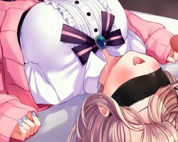 Rule 34 | 1girl, :3, black bow, black bowtie, blindfold, blue nails, blush, bow, bowtie, breasts, brown hair, cardigan, collared shirt, commentary request, festa11307070, frilled shirt, frills, hands up, highres, large breasts, long sleeves, lying, medium hair, nail polish, nijisanji, off shoulder, on back, open mouth, parted bangs, pink cardigan, shirt, sleeves past wrists, solo, suzuhara lulu, suzuhara lulu (1st costume), swept bangs, upper body, virtual youtuber, white shirt