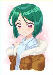 Rule 34 | 1girl, blue shirt, blunt ends, brown coat, closed mouth, coat, collared shirt, commentary request, cropped torso, fur-trimmed coat, fur trim, green hair, hand up, highres, hizuki (hiduki6121), kiratto pri chan, long sleeves, looking at viewer, midorikawa sara, pink eyes, pretty series, shirt, short hair, smile, solo, upper body, white background