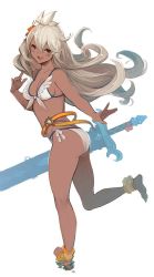 Rule 34 | 10s, 1girl, :d, ahoge, anklet, ass, bare arms, bare shoulders, barefoot, belt, bikini, blush, breasts, brown eyes, cleavage, collarbone, dark-skinned female, dark skin, flat ass, flower, from behind, front-tie bikini top, front-tie top, full body, granblue fantasy, hair between eyes, hair flower, hair ornament, hanarito, hibiscus, jewelry, kneepits, leg up, long hair, looking back, medium breasts, open mouth, sheath, sheathed, side-tie bikini bottom, sideboob, silver hair, simple background, smile, solo, standing, standing on one leg, swimsuit, sword, weapon, white background, white bikini, zooey (granblue fantasy), zooey (summer) (granblue fantasy)