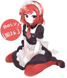 Rule 34 | 10s, 1girl, apron, bad id, bad twitter id, between legs, blush, breasts, expressionless, frilled apron, frills, full body, hand between legs, japanese text, looking at viewer, love live!, love live! school idol project, maid, maid apron, maid headdress, mary janes, nishikino maki, pantyhose, purple eyes, red hair, red pantyhose, shoes, short hair, simple background, sitting, small breasts, solo, text focus, totoki86, translation request, waist apron, wariza, wavy hair, white background