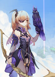 Rule 34 | 1girl, absurdres, animal on arm, arch, bare shoulders, bat ornament, bird, bird on arm, black ribbon, blonde hair, blush, bow, bow (weapon), bowtie, breasts, chuunibyou, cloud, collar, concentrating, crow, dress, eyepatch, fischl (genshin impact), garter straps, genshin impact, gloves, green eyes, hair over one eye, hair ribbon, high heels, highres, holding, holding bow (weapon), holding weapon, leotard, long hair, looking at viewer, medium breasts, mirror image, mountain, open mouth, oz (genshin impact), purple bow, purple bowtie, purple ribbon, ribbon, serious, simple background, single sleeve, single thighhigh, solo, tailcoat, thighhighs, tomori-san (pixiv 7519735), two side up, valley, weapon