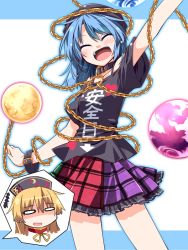 Rule 34 | 2girls, blonde hair, blue hair, bracelet, chain, clothes writing, collar, earth (planet), hat, hecatia lapislazuli, hecatia lapislazuli (earth), hemogurobin a1c, jewelry, junko (touhou), moon, multicolored clothes, multicolored skirt, multiple girls, o o, open mouth, planet, shirt, simple background, skirt, smile, striped, striped background, touhou
