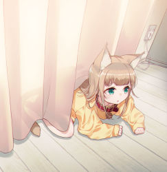 Rule 34 | 1girl, 40hara, animal collar, animal ear fluff, animal ears, aqua eyes, blonde hair, blunt bangs, cat ears, cat tail, chestnut mouth, collar, commentary, curtains, electric plug, electrical outlet, kinako (40hara), long hair, lying, on stomach, original, red collar, solo, sweater, tail, wooden floor