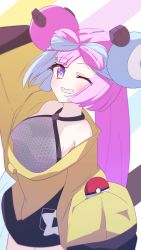 Rule 34 | 1girl, bow-shaped hair, character hair ornament, creatures (company), game freak, grey pantyhose, hair ornament, hexagon print, highres, iono (pokemon), jacket, long hair, low-tied long hair, multicolored hair, nintendo, pantyhose, pokemon, pokemon sv, roundloudness, sharp teeth, sleeves past fingers, sleeves past wrists, solo, split-color hair, star (symbol), star in eye, symbol in eye, teeth, very long sleeves, x, yellow jacket