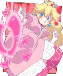 Rule 34 | 1girl, artist name, blonde hair, blue eyes, blue gemstone, blush, breasts, brooch, crown, dress, earrings, elbow gloves, eromame, feet out of frame, from side, gem, gloves, hands up, heart, hip attack, jewelry, lips, long dress, long hair, looking to the side, mario (series), medium breasts, nintendo, parted lips, pink dress, pink lips, princess, princess peach, puffy short sleeves, puffy sleeves, red background, short sleeves, solo, super mario bros. 1, super smash bros., twitter username, white background, white gloves