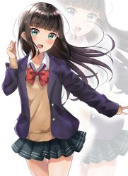 Rule 34 | 10s, 1girl, :d, black hair, blazer, blunt bangs, blush, brown sweater, commentary request, floating hair, green eyes, green skirt, hair ornament, hairclip, hand up, head tilt, heart, heart hair ornament, highres, jacket, kurosawa dia, long hair, long sleeves, love live!, love live! sunshine!!, mole, open clothes, open jacket, open mouth, pleated skirt, purple jacket, round teeth, school uniform, simple background, sin (sin52y), skirt, sleeves past wrists, smile, solo, standing, sweater, teeth, upper teeth only, very long hair, white background, zoom layer
