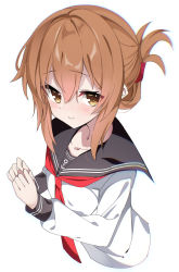 Rule 34 | 1girl, absurdres, anchor symbol, black sailor collar, blush, brown eyes, brown hair, closed mouth, collarbone, fathom, folded ponytail, hair between eyes, highres, inazuma (kancolle), kantai collection, long hair, long sleeves, neckerchief, red neckerchief, sailor collar, school uniform, serafuku, simple background, smile, solo, upper body, white background