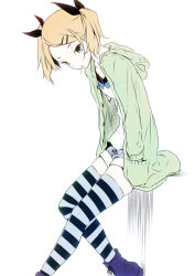 Rule 34 | 10s, 1girl, blonde hair, candy, commentary request, food, food in mouth, from side, green hood, grey eyes, hair ornament, hair ribbon, hairclip, hand in pocket, hood, hoodie, lollipop, nilitsu, ribbon, shirobako, shirt, shoes, short hair, short twintails, shorts, simple background, sitting, solo, striped clothes, striped thighhighs, thighhighs, twintails, white background, white shirt, yano erika