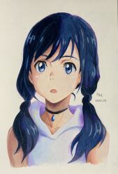 Rule 34 | 1girl, absurdres, amano hina (tenki no ko), artist name, bare shoulders, black choker, blue eyes, blue hair, choker, collarbone, colored pencil (medium), commentary, cropped torso, dated, english commentary, highres, hood, hoodie, long hair, looking at viewer, low twintails, making-of available, open mouth, p.art, shade, simple background, sleeveless, sleeveless hoodie, solo, tenki no ko, traditional media, twintails, upper body, white hoodie
