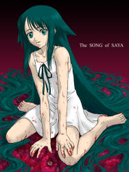 Rule 34 | 1girl, aqua eyes, barefoot, blood, blood on face, blood on clothes, blood on hands, dress, feet, green hair, long hair, saya (saya no uta), saya no uta, sitting, solo, toes, very long hair, white dress