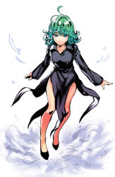 Rule 34 | 1girl, ahoge, bare legs, black dress, blue eyes, curly hair, dress, expressionless, eyelashes, floating, full body, gradient hair, green hair, impossible clothes, impossible dress, long sleeves, looking at viewer, multicolored hair, okada (hoooojicha), one-punch man, shoes, short hair, solo, tatsumaki, white background, wind