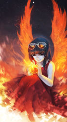 Rule 34 | 1girl, absurdres, black hair, closed eyes, colored skin, dress, eyewear on head, fire, flat chest, full body, highres, long hair, monori rogue, orb, original, red dress, reflection, sitting, solo, sunglasses, white skin