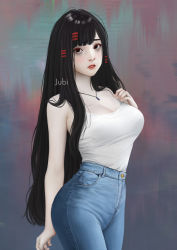 Rule 34 | 1girl, abstract background, absurdres, alyssa (jubi), black eyes, black hair, breasts, cleavage, commentary, cowboy shot, denim, english commentary, hair ornament, hairclip, highres, jeans, jewelry, large breasts, long hair, looking at viewer, necklace, original, pants, parted lips, regiana (jubi), solo, tank top, very long hair, white tank top