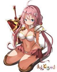 Rule 34 | 1girl, absurdres, ahoge, armor, bikini armor, blue eyes, breasts, cleavage, endro!, gauntlets, greaves, hair ornament, hairclip, highres, huge filesize, large breasts, long hair, low twintails, navel, pink theme, solo, sword, twintails, very long hair, weapon, yume no hana (sbac0019), yuria shardet