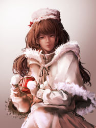 Rule 34 | 1girl, absurdres, brown eyes, brown hair, closed mouth, coat, cocoa cookie, cookie run, dark-skinned female, dark skin, dress, hat, highres, humanization, long hair, long sleeves, looking at viewer, mittens, realistic, smile, solo, tls2234, upper body, winter clothes, winter coat