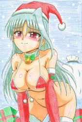 Rule 34 | 1girl, absurdres, bell, bikini, blue background, blush, bottomless, breasts, christmas, christmas present, cleavage, closed mouth, collar, collarbone, elbow gloves, gh9000, gift, gloves, green hair, groin, hat, highres, large breasts, long hair, looking at viewer, lyrical nanoha, mahou shoujo lyrical nanoha, mahou shoujo lyrical nanoha a&#039;s, micro bikini, navel, neck bell, no panties, red bikini, red eyes, red gloves, red thighhighs, reinforce, santa hat, shiny skin, simple background, smile, snow, solo, swimsuit, thighhighs