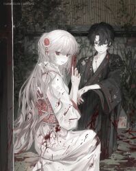 Rule 34 | 1boy, 1girl, black eyes, black hair, black kimono, blood, blood on clothes, blood on hands, branch, commission, drop earrings, earrings, flower, folding fan, frills, from side, grey hair, guigui rongrong, hair flower, hair ornament, hand fan, highres, holding, holding fan, japanese clothes, jewelry, kimono, long hair, looking at another, looking at viewer, looking to the side, nail polish, obi, original, pale skin, parted lips, red eyes, red flower, red nails, red sash, sample watermark, sash, short hair, smile, upper body, watermark, white hair, white kimono