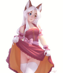 Rule 34 | 1girl, animal ear fluff, animal ears, arm garter, bare shoulders, blue eyes, breasts, cleft of venus, clothes lift, commentary, dress, dress lift, freckles, gloves, gluteal fold, heterochromia, highres, lifting own clothes, long hair, looking away, looking to the side, losse (personal ami), medium breasts, no panties, original, parted bangs, personal ami, pussy, simple background, skirt, skirt lift, sleeveless, sleeveless dress, solo, symbol-only commentary, thick eyebrows, thigh gap, thighhighs, uncensored, white background, white gloves, white hair, white thighhighs, yellow eyes