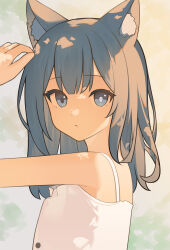 Rule 34 | 1girl, absurdres, animal ear fluff, animal ears, blue archive, blue eyes, bright pupils, casual, closed mouth, commentary request, dress, grey hair, highres, looking at viewer, medium hair, mismatched pupils, nagisa (cxcx5235), shiroko (blue archive), sleeveless, sleeveless dress, solo, upper body, white dress, white pupils