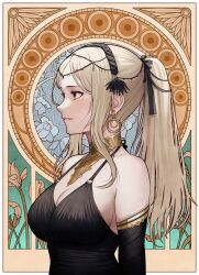 Rule 34 | 1girl, abstract background, art nouveau, bare shoulders, black dress, black hairband, blonde hair, breasts, brown eyes, cleavage, collar, detached sleeves, dress, earrings, hairband, highres, jchoy, jewelry, large breasts, long hair, long sleeves, looking afar, looking away, mole, mole under eye, original, parted bangs, parted lips, sidelocks, smile, solo, upper body