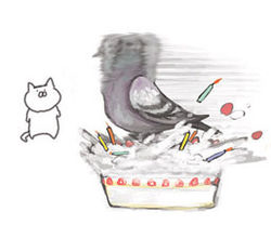 Rule 34 | afterimage, animal, bird, cake, candle, cat, food, food focus, lowres, motion blur, no humans, noja, original, pigeon, running, simple background, what, white background