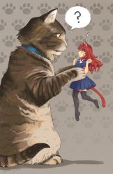 Rule 34 | 1girl, ?, animal ears, artist name, blue dress, carrying, cat, cat ears, cat tail, collar, dress, from side, green eyes, highres, joy kim, mini person, minigirl, no shoes, original, paw print, pillarboxed, red hair, shadow, signature, speech bubble, tail, thighhighs, yellow eyes