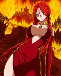 Rule 34 | 1girl, bare shoulders, breasts, burning, cleavage cutout, clothing cutout, collar, dress, fairy tail, female focus, fire, fire, flare corona, gloves, highres, large breasts, long hair, looking at viewer, mountain, pale skin, red dress, red eyes, red hair, red sky, scar, sky, solo, tattoo, thick thighs, thighs