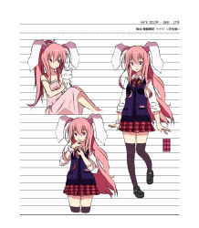 Rule 34 | 1girl, alternate costume, animal ears, black thighhighs, bow, bowtie, character name, character sheet, contemporary, dated, dress, dress shirt, female focus, long hair, myuto (advent retribution), open mouth, pinafore dress, pink eyes, pink hair, ponytail, rabbit ears, reisen udongein inaba, school uniform, shirt, skirt, sleeveless dress, sleeves rolled up, smile, solo, thighhighs, touhou, very long hair, zettai ryouiki