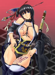 Rule 34 | 1girl, absurdres, bad id, bad pixiv id, bare shoulders, belt, between breasts, black hair, black kimono, black panties, breasts, breasts apart, butterfly tattoo, cleavage, colalrbone, collarbone, female focus, gold trim, gradient background, hair ornament, hairpin, hand on own hip, highres, japanese clothes, kimono, knife, large breasts, long hair, no bra, open clothes, original, panties, purple eyes, renges, shiny skin, solo, sword, tattoo, tetsubire, thighhighs, thighs, thong, underwear, very long hair, weapon, wide sleeves