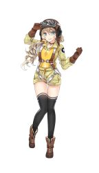 Rule 34 | 1girl, aviator cap, black thighhighs, blonde hair, blue eyes, breasts, brown gloves, formation girls, full body, gloves, goggles, goggles on headwear, highres, large breasts, looking at viewer, official art, ririkuto, roberta samael, solo, thighhighs, transparent background, vest, yellow vest
