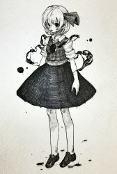 Rule 34 | 1girl, blush, bow, commentary request, full body, greyscale, hair bow, highres, hole in chest, hole on body, loafers, looking at viewer, mashimashi, monochrome, open mouth, rumia, shoes, short hair, short sleeves, skirt, skirt set, solo, standing, touhou, traditional media