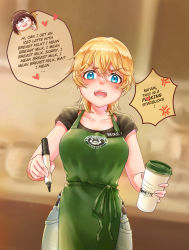 Rule 34 | 2girls, absurdres, angry, anh thuy, apron, black shirt, blonde hair, blue eyes, blurry, blurry background, blush, blush stickers, bob cut, breasts, brown hair, cafe, coffee, coffee cup, collarbone, cup, darun khanchanusthiti, denim, disembodied head, disposable cup, dutch angle, embarrassed, english text, frown, glasses, green apron, heart stickers, heike grislawski, highres, holding, holding cup, iced latte with breast milk (meme), jeans, large breasts, looking at viewer, marker, meme, multiple girls, name tag, open mouth, original, pants, purple eyes, shiny skin, shirt, short hair, shy, speech bubble, standing, starbucks, sweat, waitress