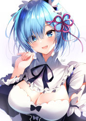 Rule 34 | 1girl, :d, absurdres, artist name, black ribbon, blue eyes, blue hair, blush, breasts, cleavage, commentary request, detached sleeves, female focus, hair ornament, hair over one eye, hand up, head tilt, highres, large breasts, long sleeves, looking at viewer, maid, maid headdress, matching hair/eyes, neck ribbon, nenobi (nenorium), open mouth, partial commentary, re:zero kara hajimeru isekai seikatsu, rem (re:zero), ribbon, short hair, signature, smile, solo, translated, upper body, x hair ornament