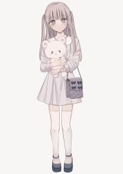 Rule 34 | 1girl, bag, bandaid, bandaid on arm, black footwear, black nails, blush, brown eyes, brown hair, child, closed mouth, collared dress, commentary request, dress, female focus, full body, grey background, grey dress, head tilt, highres, long hair, long sleeves, looking at viewer, nail polish, hugging object, original, pleated dress, shoes, simple background, solo, standing, stuffed animal, stuffed toy, teddy bear, thighhighs, tsuruse, two side up, white thighhighs