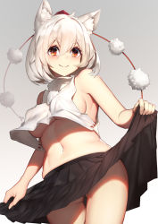 Rule 34 | 1girl, animal ear fluff, animal ears, banitya, bare arms, bare shoulders, black skirt, blush, breasts, clothes lift, commentary request, cowboy shot, crop top, gluteal fold, gradient background, grey background, hair between eyes, hat, highres, inubashiri momiji, lifted by self, looking at viewer, medium breasts, midriff, miniskirt, navel, no bra, pleated skirt, pom pom (clothes), red eyes, shirt, short hair, silver hair, skirt, skirt lift, sleeveless, sleeveless shirt, smile, solo, standing, stomach, tassel, thick eyebrows, thighs, tokin hat, touhou, underboob, upshirt, white background, white shirt, wolf ears