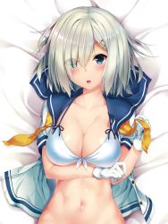 Rule 34 | 10s, 1girl, blue eyes, breasts, cleavage, commentary request, eyebrows, eyes visible through hair, gloves, hair ornament, hair over one eye, hairclip, hamakaze (kancolle), highres, kantai collection, large breasts, looking at viewer, navel, nironiro, on bed, open mouth, school uniform, serafuku, short hair, solo, upper body, white gloves, white hair