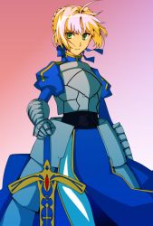 Rule 34 | 1girl, ahoge, armor, armored dress, artoria pendragon (fate), blonde hair, caliburn (fate), dress, fate/stay night, fate (series), faulds, gauntlets, green eyes, hair ribbon, hand on hilt, hands on hilt, highres, inokana, planted sword, planted, ribbon, saber (fate), solo, sword, weapon