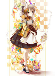 Rule 34 | 1girl, :o, animal, animal ears, animal on shoulder, apron, ball, black eyes, checkered background, commentary request, floral print, flower, folding fan, fox, fox ears, fox girl, fox tail, full body, grey hair, hair flower, hair ornament, hair ribbon, hand fan, highres, holding, holding tray, japanese clothes, leg up, long hair, long sleeves, looking at viewer, maid, open mouth, original, parted bangs, ponytail, ribbon, sandals, sidelocks, solo, standing, standing on one leg, tabi, tail, temari ball, tray, wa maid, white legwear, wide sleeves, yuzuyomogi, zouri