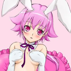 Rule 34 | 00s, animal ears, blush, breasts, covering privates, covering breasts, detached collar, gloves, kabashima yousuke, lowres, nude, nude cover, pink hair, ponytail, rabbit ears, red eyes, ribbon, shishidou akiha, short hair, solo, sora wo kakeru shoujo, topless