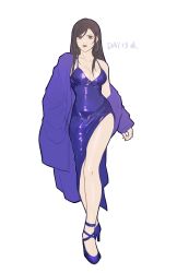 Rule 34 | 1girl, absurdres, alternate costume, asymmetrical bangs, black hair, blue dress, blue footwear, blue jacket, breasts, chicken movement, cleavage, dress, earrings, final fantasy, final fantasy vii, final fantasy vii remake, full body, hair between eyes, high heels, highres, hoop earrings, jacket, jacket partially removed, jewelry, long hair, long sleeves, looking at viewer, medium breasts, multi-strapped panties, parted lips, red eyes, shiny clothes, side slit, single bare shoulder, solo, tifa lockhart, white background